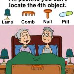Find Lamp, Comb, Nail, Pill.